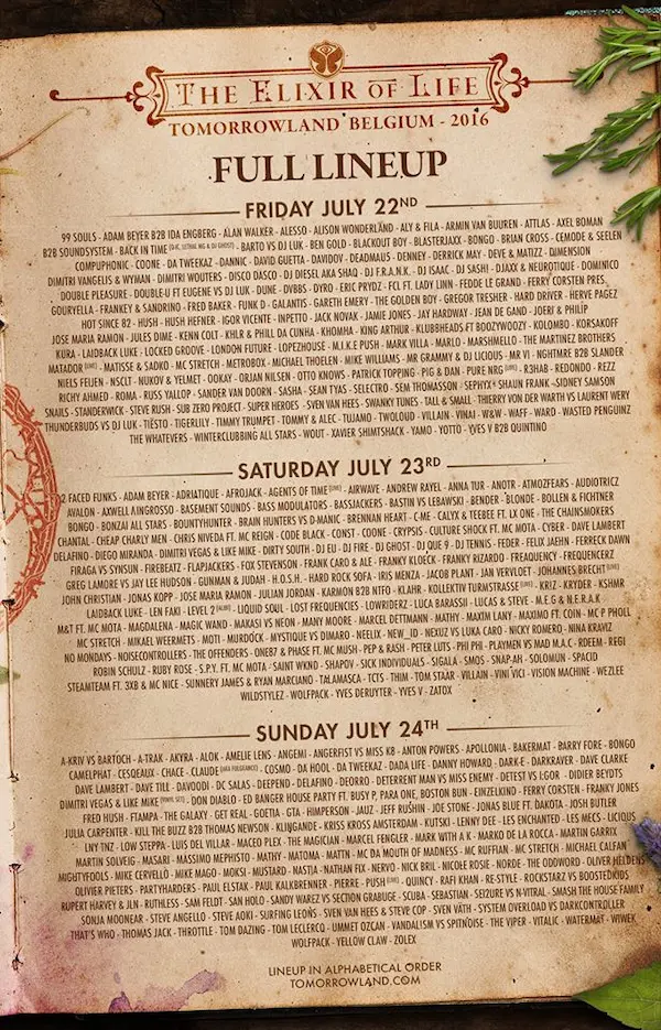 Lineup Tomorrowland 2016